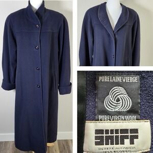Vintage Shiff 100% Wool Overcoat Womens Large Navy Long Coat Trench‎ 70s Classic